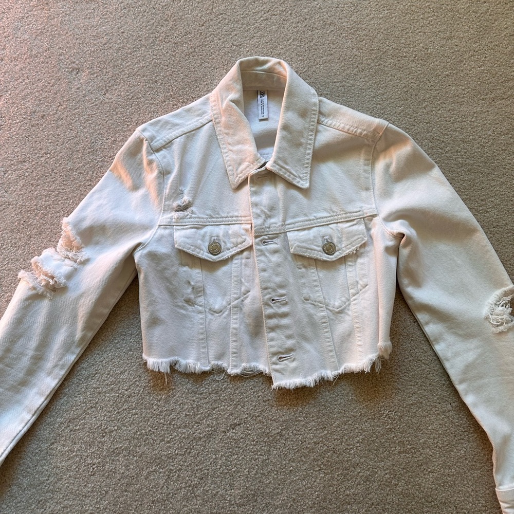 Zara White Jean Cropped Jacket